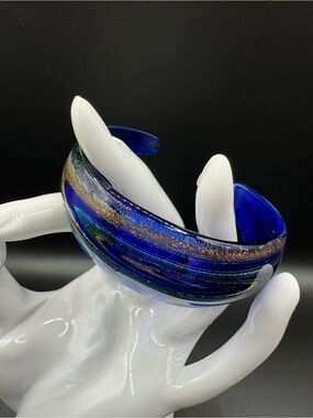 Blue Glass Cuff Bracelet with Gold & Green Swirls
